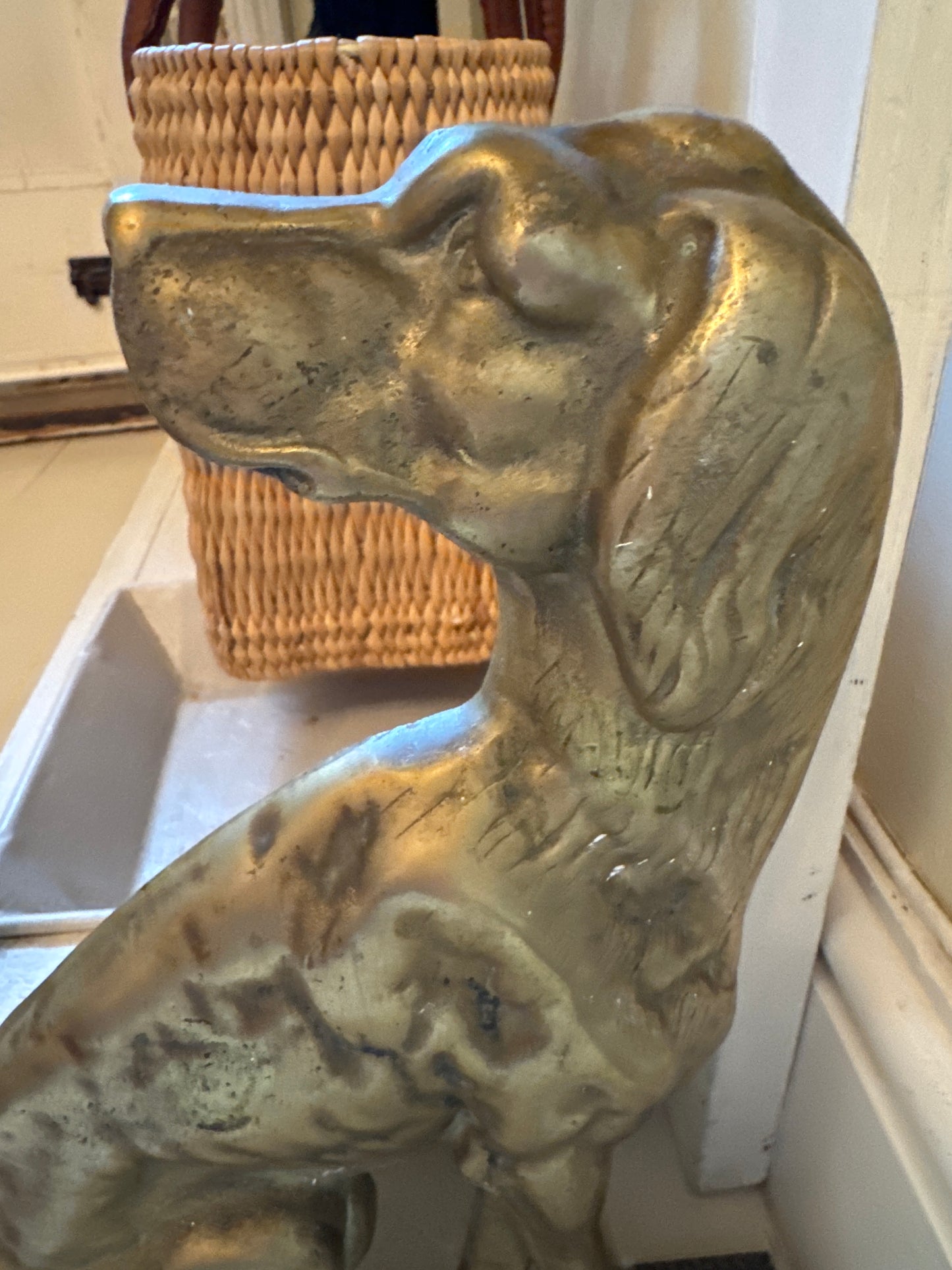 Antique Victorian Large Brass Gun Dog Door Stop On Cast Iron Base