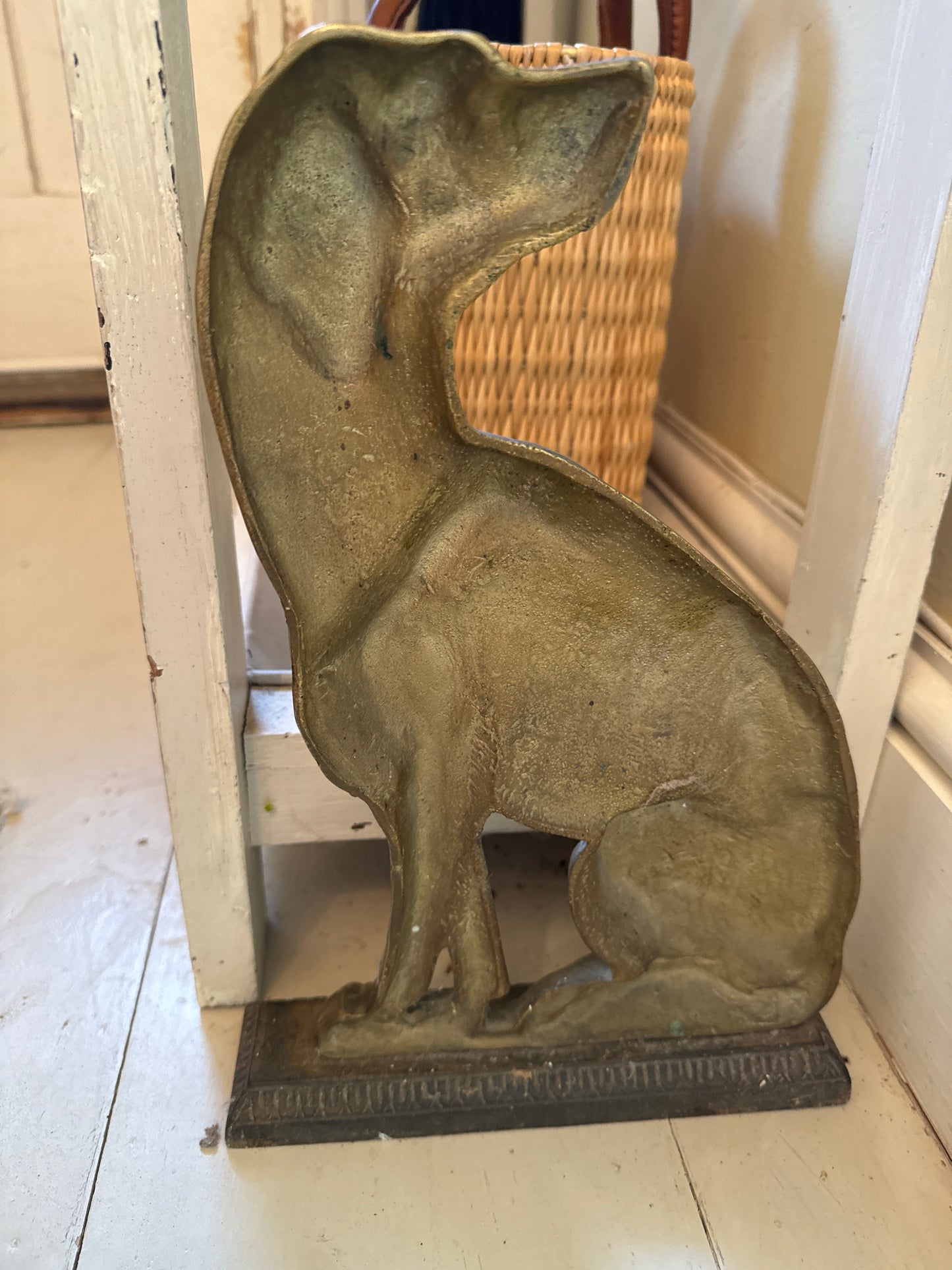 Antique Victorian Large Brass Gun Dog Door Stop On Cast Iron Base