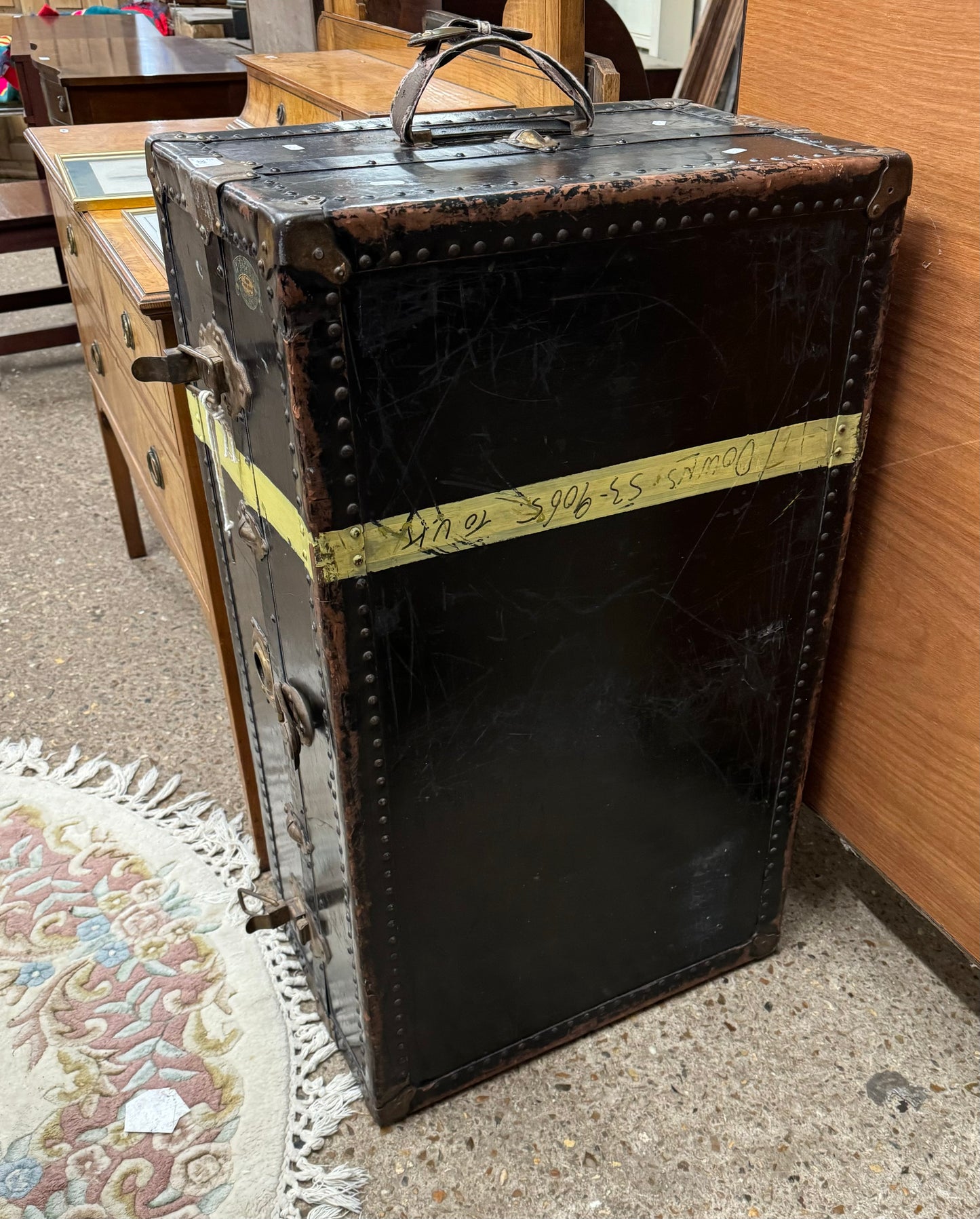 Antique Black Watajoy Travel Trunk With Floral Fabric Fitted Interior