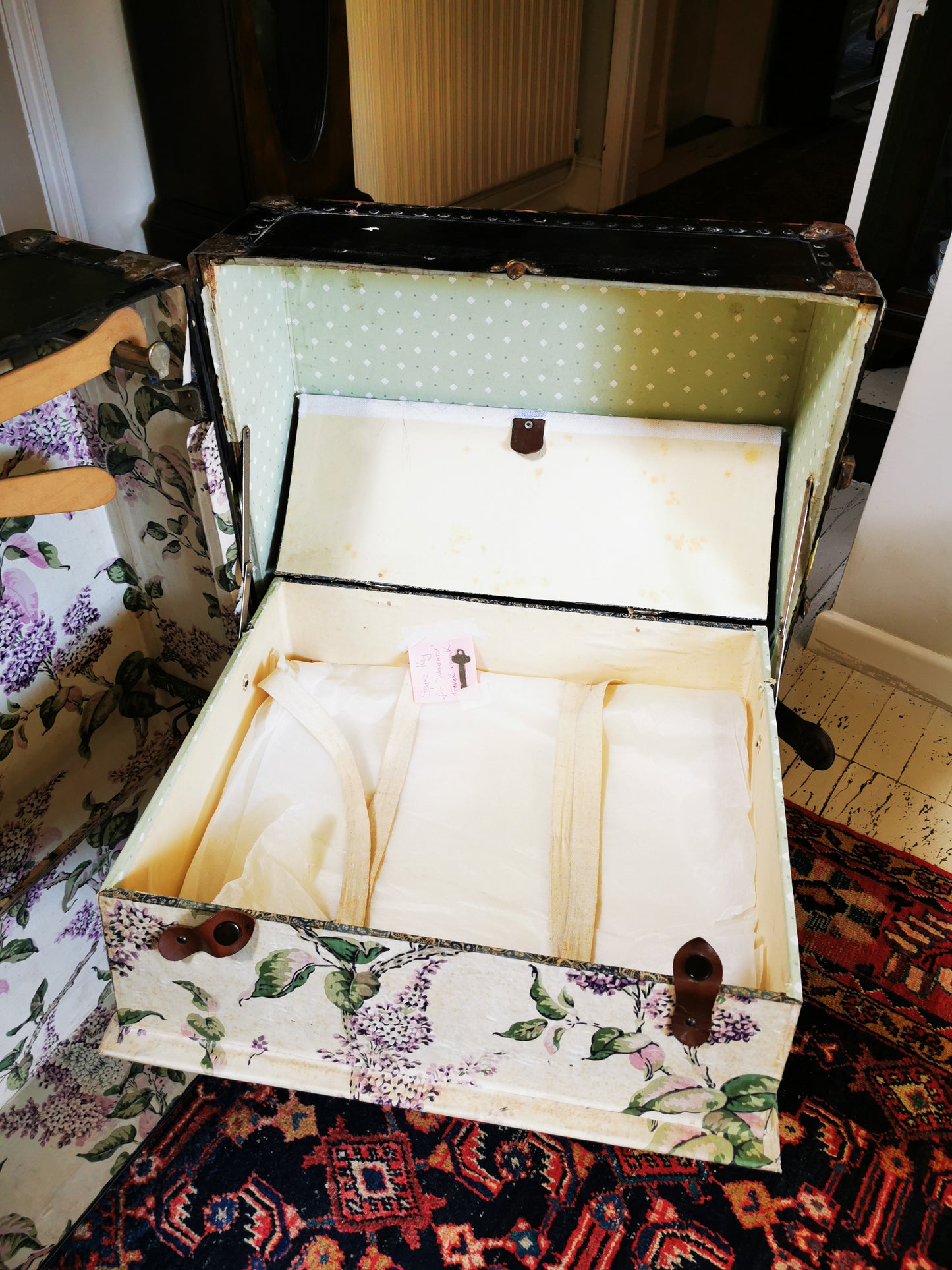 Antique Black Watajoy Travel Trunk With Floral Fabric Fitted Interior