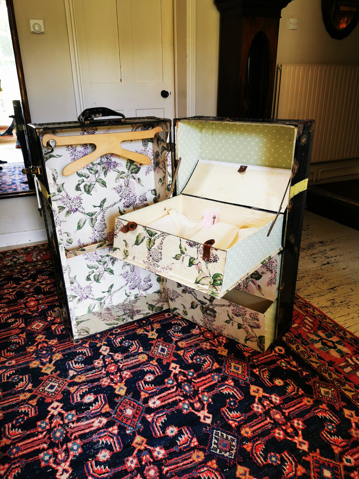 Antique Black Watajoy Travel Trunk With Floral Fabric Fitted Interior