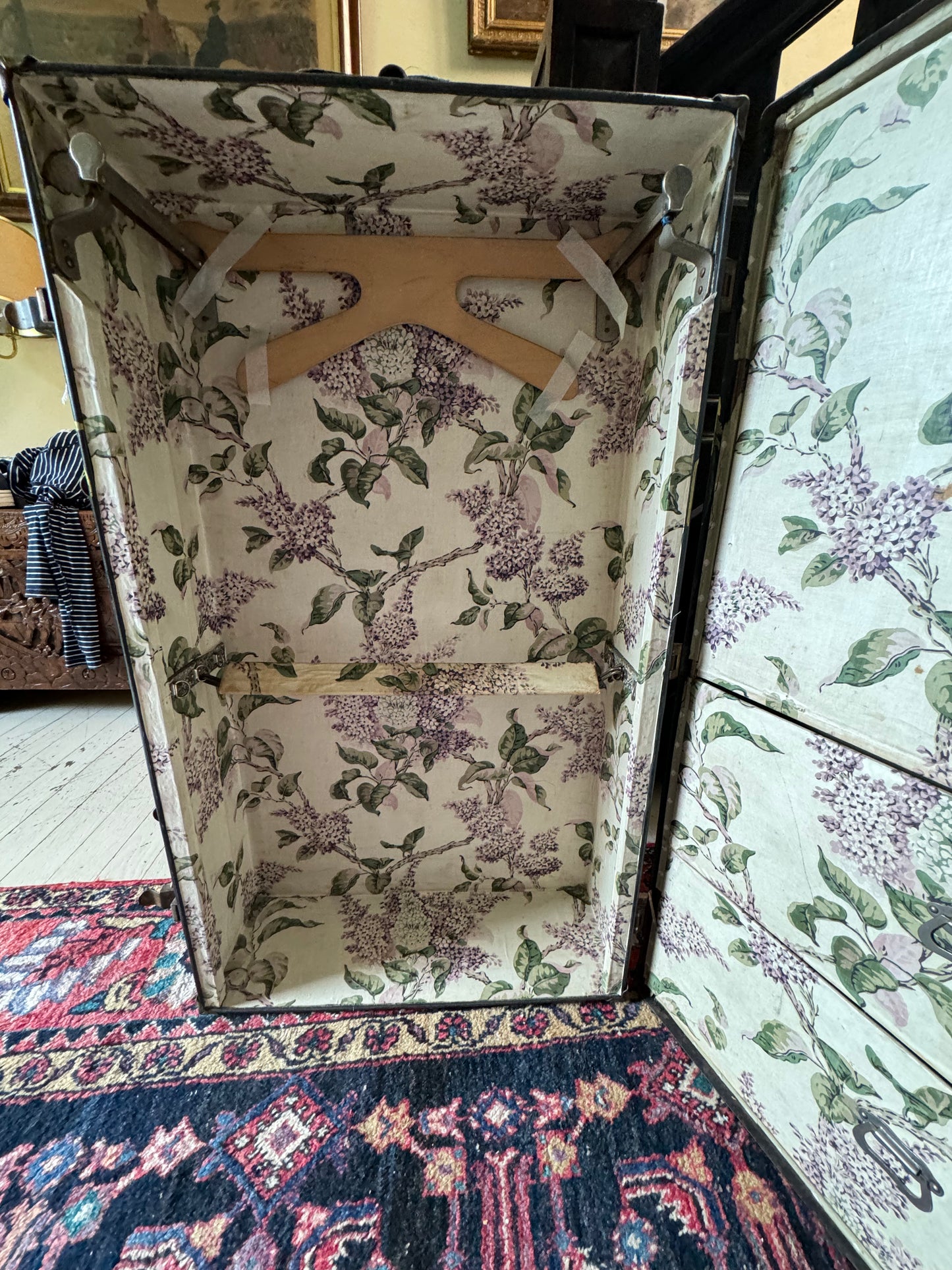 Antique Black Watajoy Travel Trunk With Floral Fabric Fitted Interior