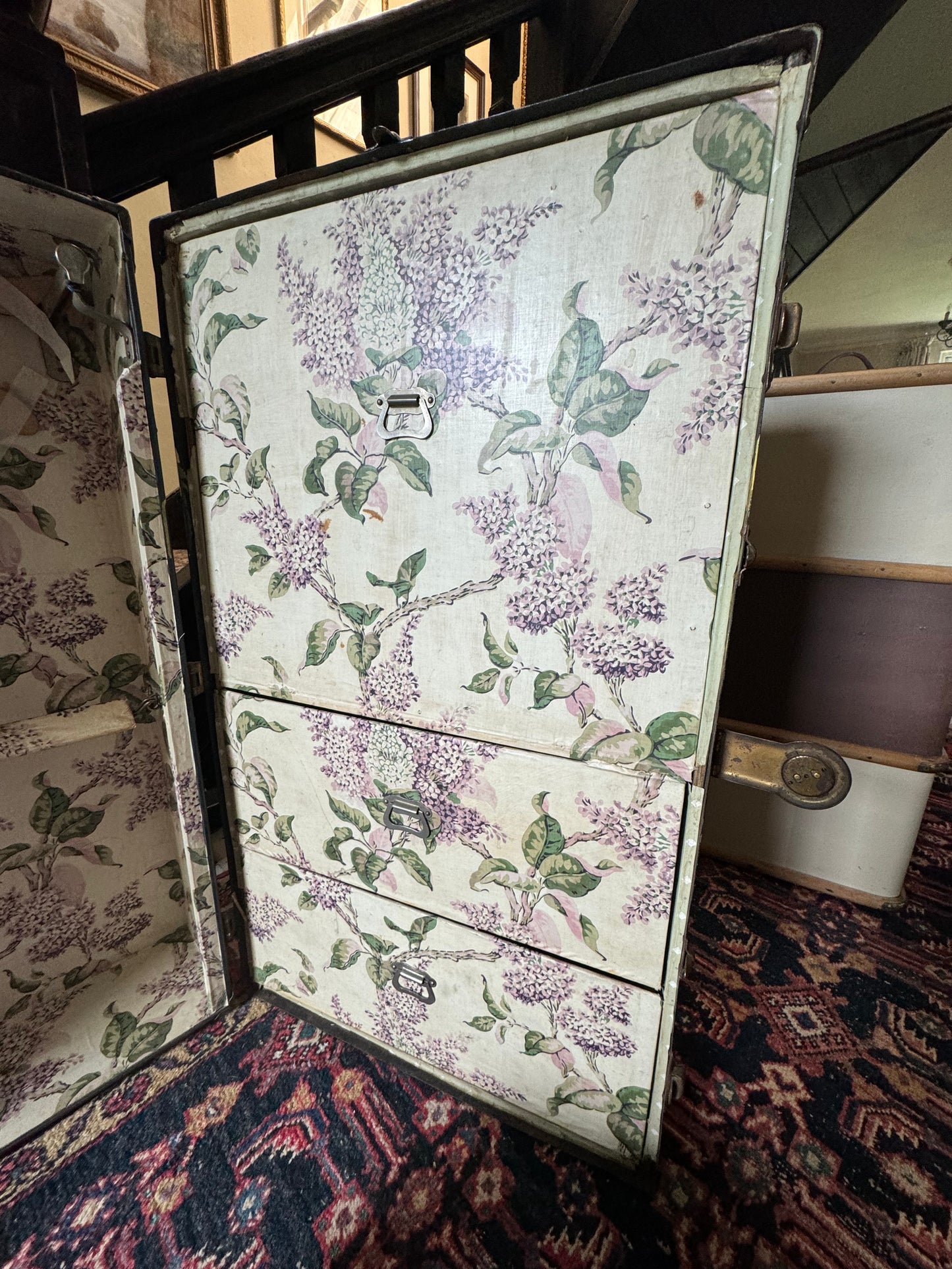 Antique Black Watajoy Travel Trunk With Floral Fabric Fitted Interior