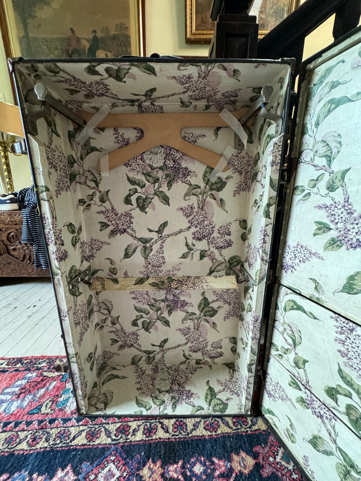 Antique Black Watajoy Travel Trunk With Floral Fabric Fitted Interior