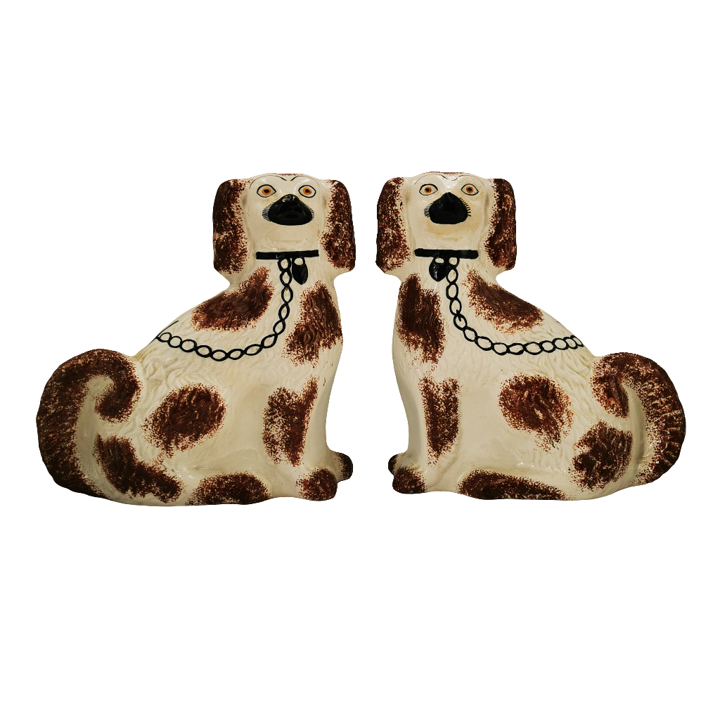 Pair Of Antique Curled Tail Staffordshire Spaniel Style China Dogs