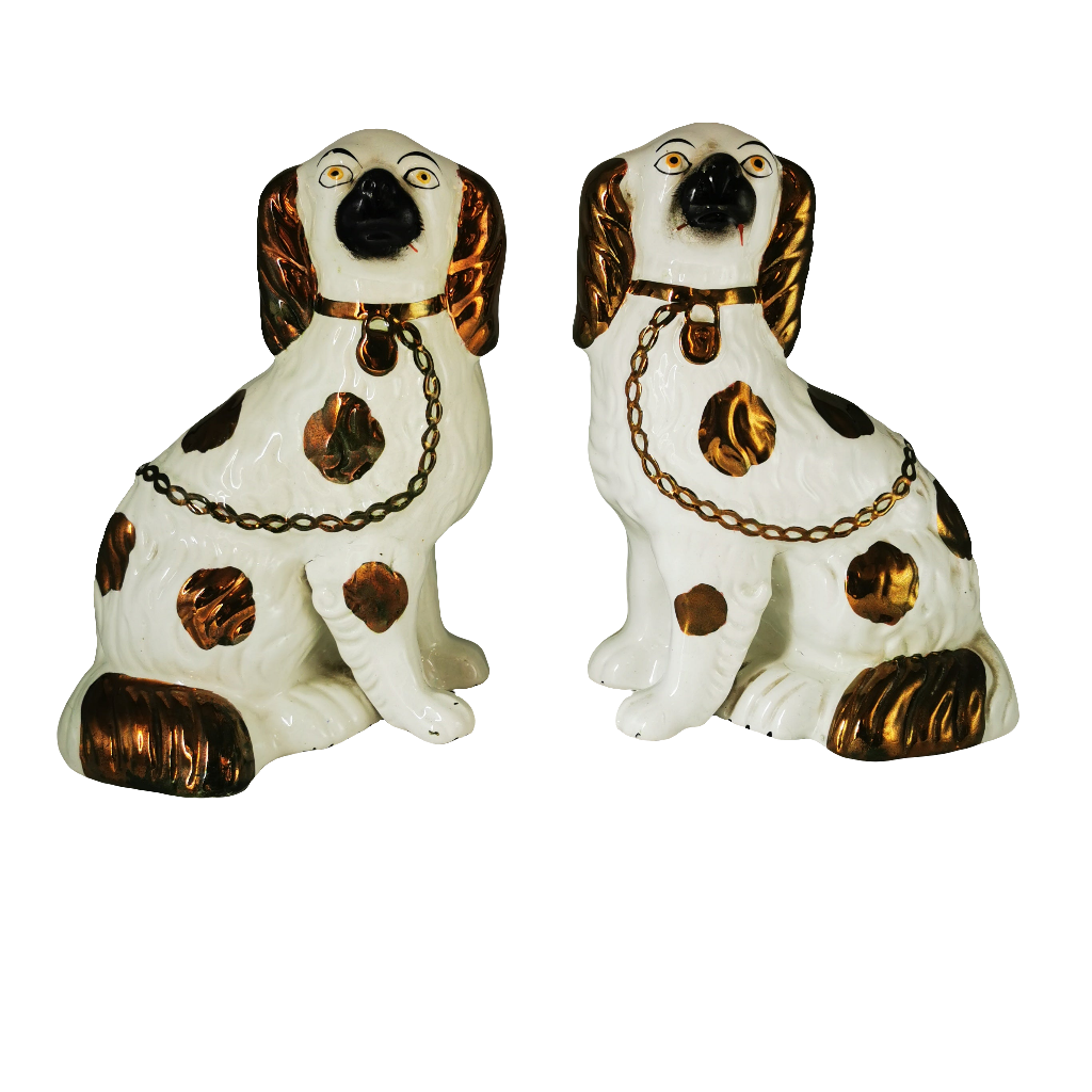 Pair Of Antique Medium Copper Lustre Decorated Staffordshire Style China Dogs
