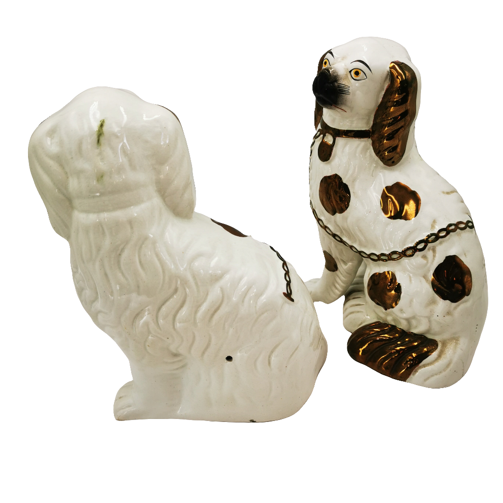 Pair Of Antique Medium Copper Lustre Decorated Staffordshire Style China Dogs