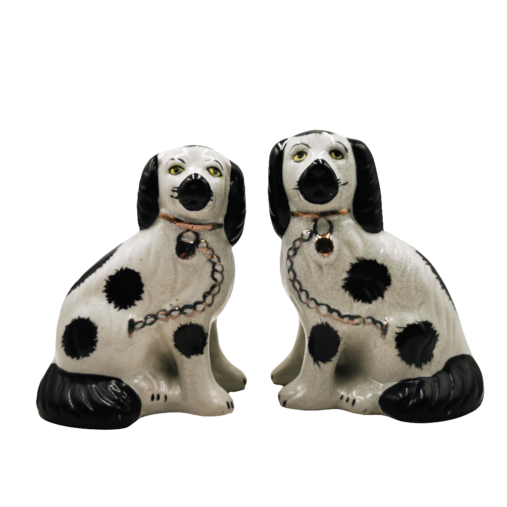 Pair Of Slip Molded Staffordshire Spaniel Style China Dogs