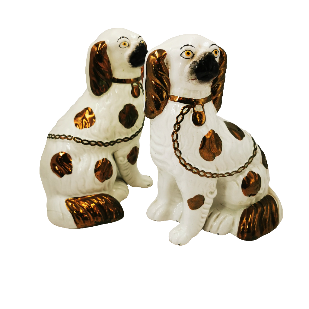 Pair Of Antique Medium Copper Lustre Decorated Staffordshire Style China Dogs