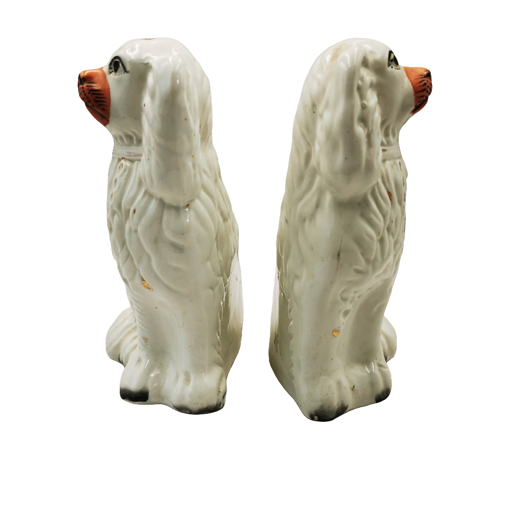 Pair of Antique White Cream & Copper Lustre Decorated Staffordshire Style China Dogs