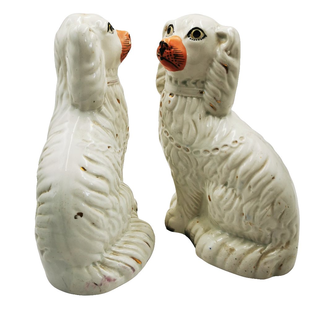 Pair of Antique White Cream & Copper Lustre Decorated Staffordshire Style China Dogs