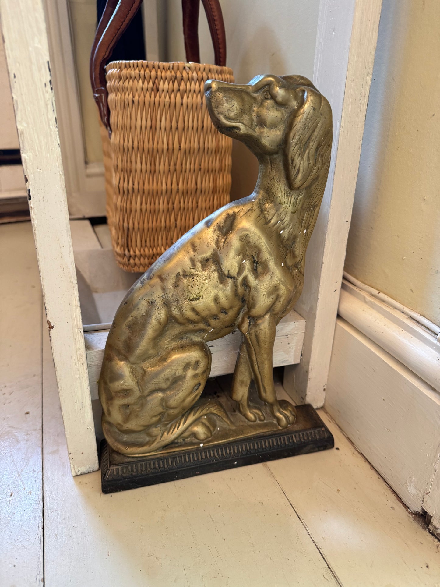 Antique Victorian Large Brass Gun Dog Door Stop On Cast Iron Base