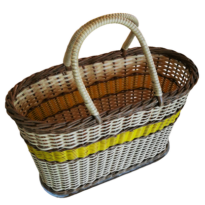 Vintage Woven Shopping Basket Yellow And White