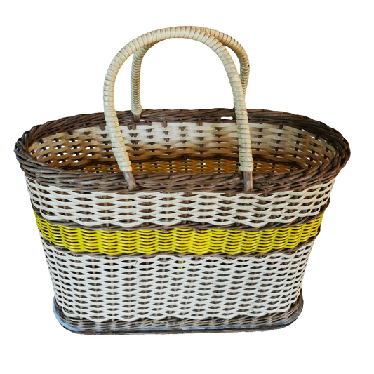 Vintage Woven Shopping Basket Yellow And White