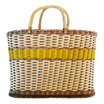 Vintage Woven Shopping Basket Yellow And White