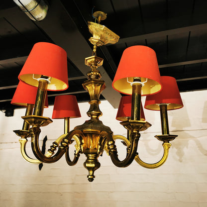 reclaimed 6 arm brass chandelier red shades