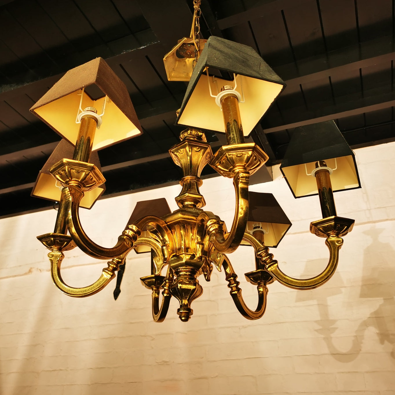 Large solid brass chandelier black shades
