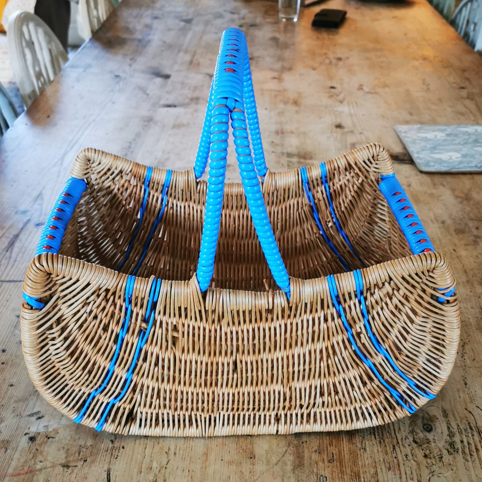 vintage 1950s shopping basket wicker blue handles